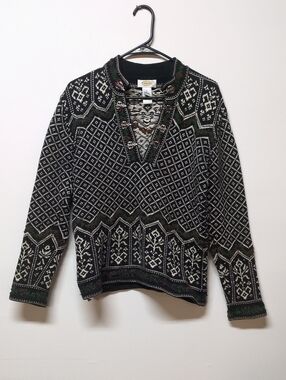 Talbots Vintage Fair Isle Silver Toggles Black Holiday Sweater, Size S